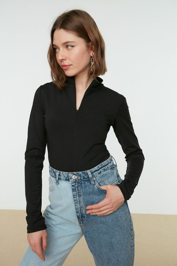 Trendyol Trendyol Black Zipper High Neck Long Sleeve Flexible Snaps Knitted Bodysuit
