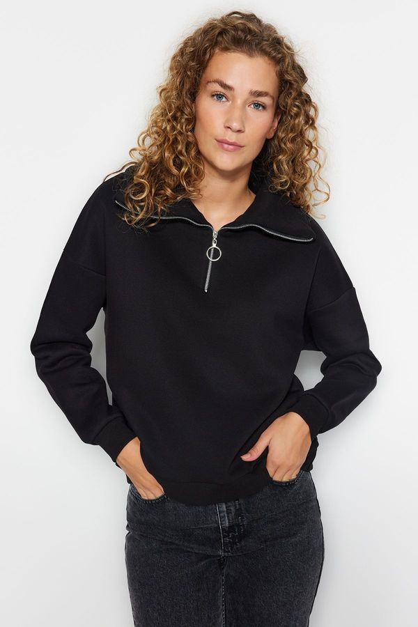 Trendyol Trendyol Black Zipper Stand Collar Thick Inside Fleece Regular Fit Knitted Sweatshirt