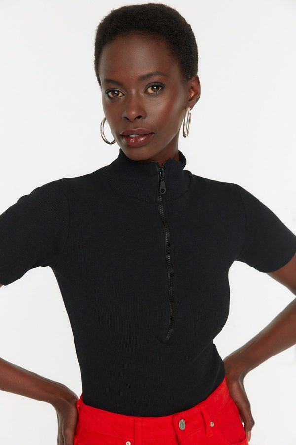 Trendyol Trendyol Black Zippered Fitted/Sleeved Ribbon Knitted Blouse with a Stand-Up Collar, Stretch