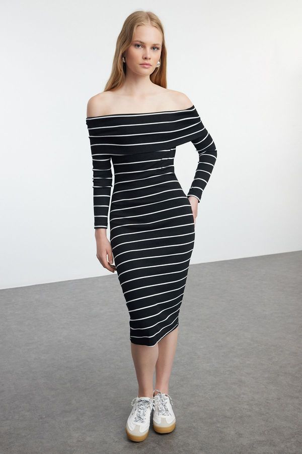 Trendyol Trendyol Black*001 Striped Fitted Flexible Mini Knitted Dress