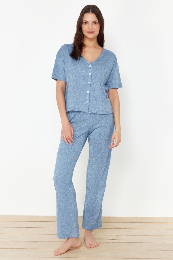 Trendyol Trendyol Blue 100% Cotton Button and Pocket Detailed Ribbed Knitted Pajama Set