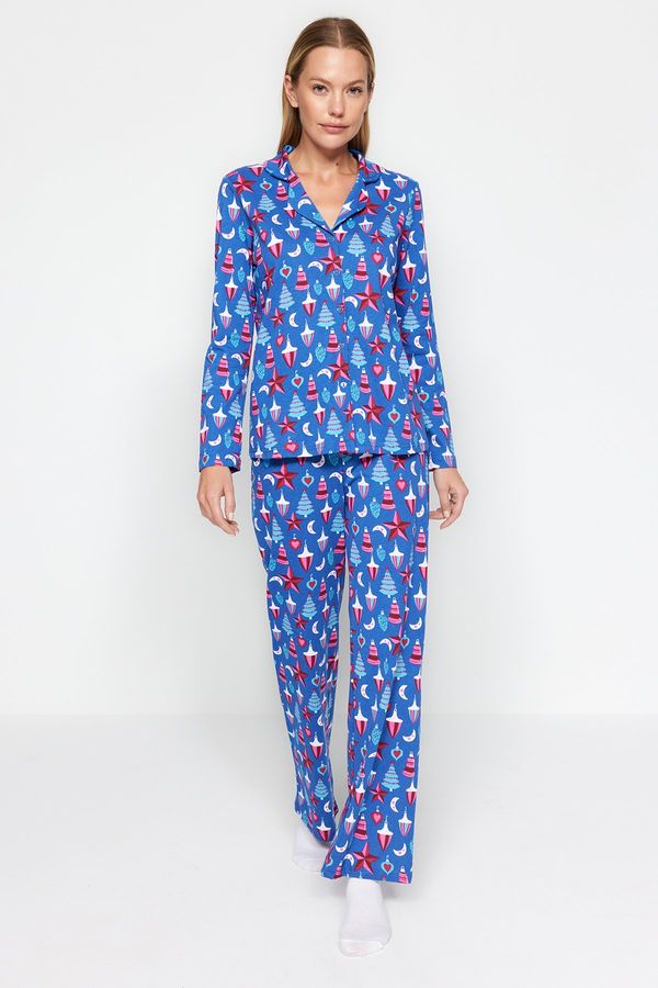 Trendyol Trendyol Blue 100% Cotton Christmas Themed Shirt-Pants and Knitted Pajamas Set
