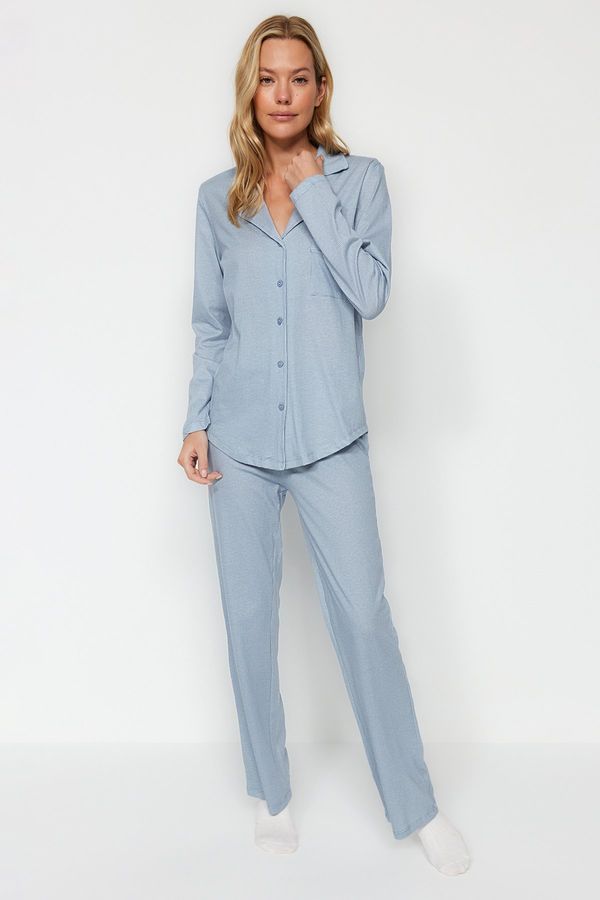 Trendyol Trendyol Blue 100% Cotton Gingham Shirt-Pants Knitted Pajamas Set