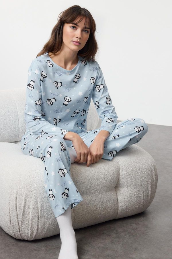 Trendyol Trendyol Blue 100% Cotton Panda Patterned Knitted Pajama Set