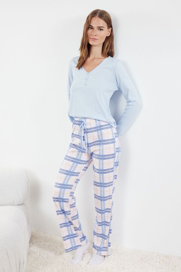 Trendyol Trendyol Blue 100% Cotton Plaid Tie and Button Detailed Knitted Pajama Set