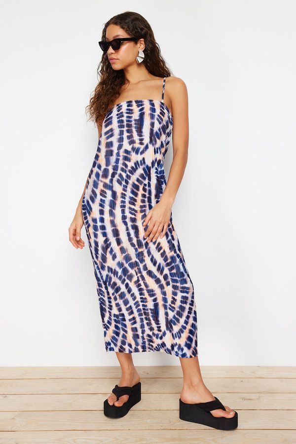 Trendyol Trendyol Blue Abstract Printed Fitted/Fitted Square Neck Strap Knitted Maxi Dress