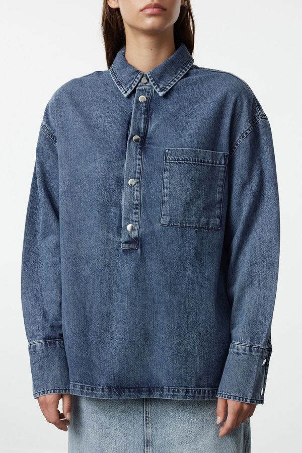 Trendyol Trendyol Blue Accessory Detailed Oversize Denim Shirt