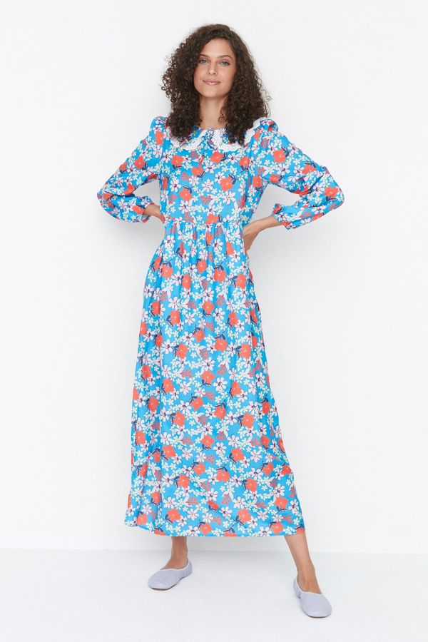 Trendyol Trendyol Blue Baby Collar Floral Pattern Woven Dress