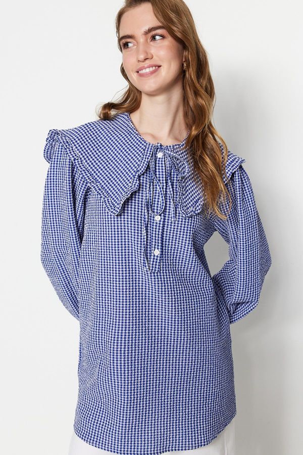 Trendyol Trendyol Blue Baby Collar Gingham Patterned Woven Tunic