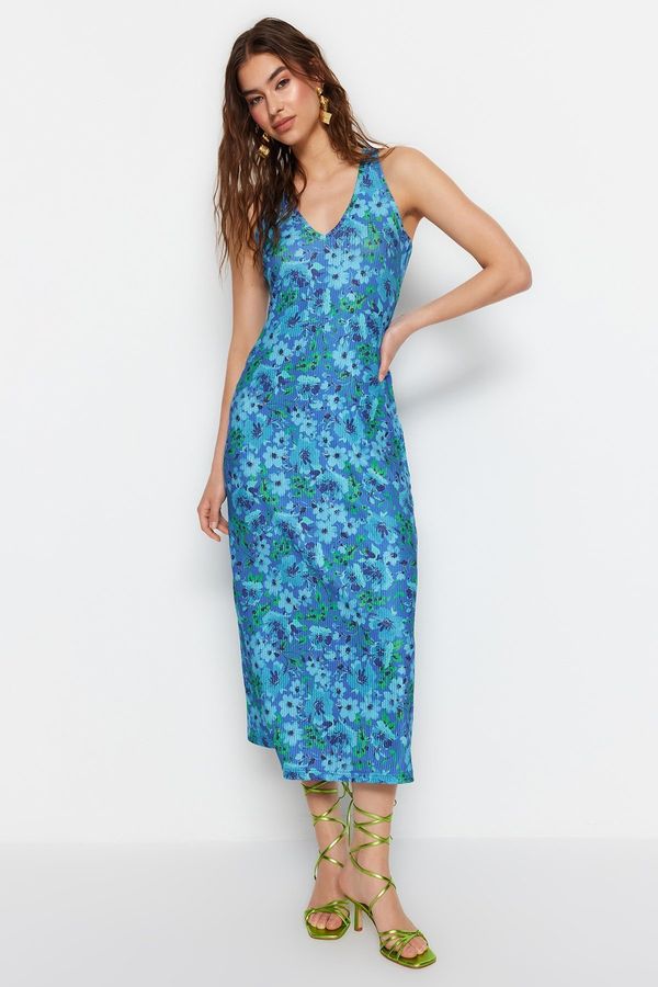 Trendyol Trendyol Blue Back Detail Floral Printed Bodycone/Fitted Midi Stretch Knitted Pencil Dress