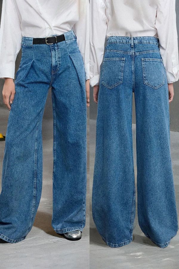 Trendyol Trendyol Blue Belt Detailed Pleated High Waist Wide Leg Jeans