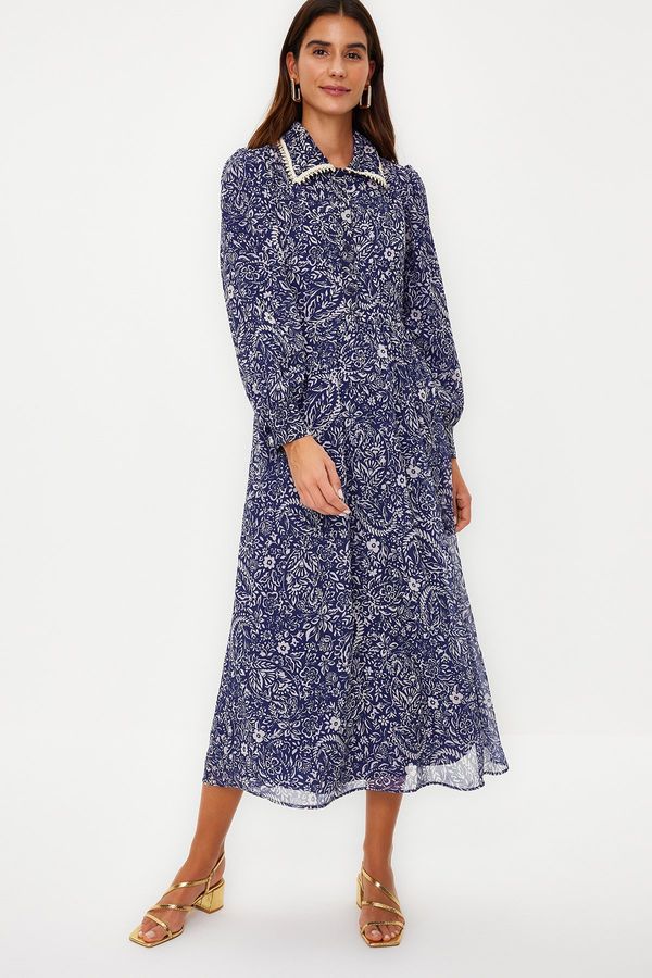 Trendyol Trendyol Blue Belt Lined Chiffon Floral Woven Dress