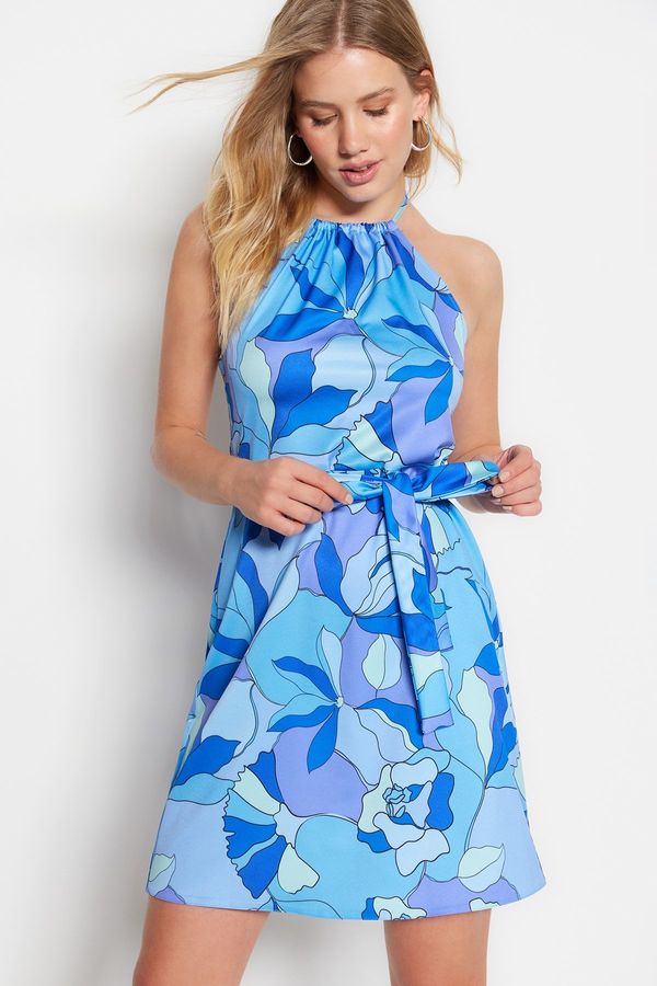 Trendyol Trendyol Blue Belted A-Line Mini Woven Floral Woven Dress