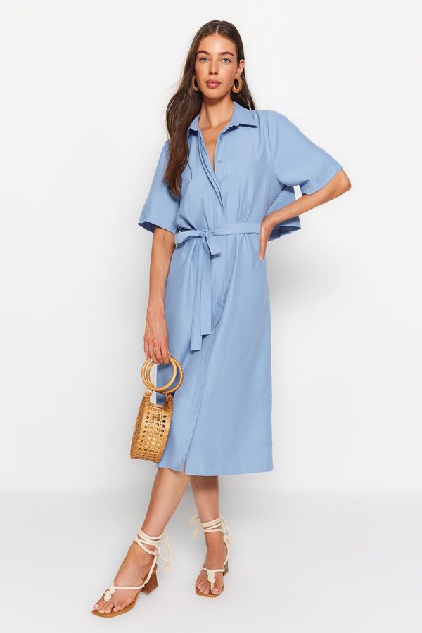 Trendyol Trendyol Blue Belted Back Detailed Midi Woven Shirt Dress