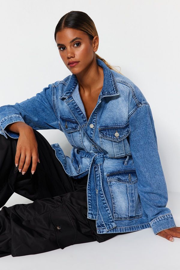 Trendyol Trendyol Blue Belted Cargo Pocket Oversize Denim Jacket