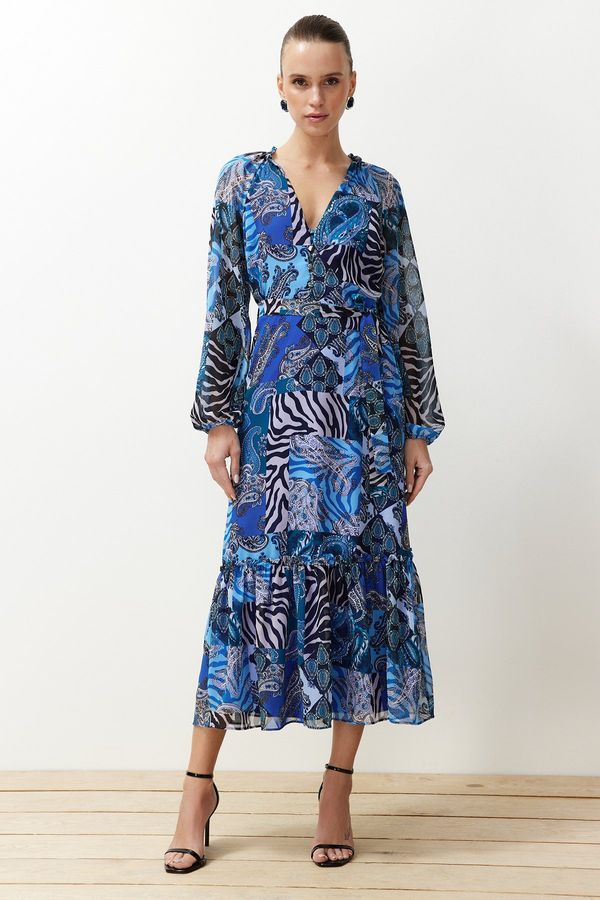Trendyol Trendyol Blue Belted Ethnic Patterned Skirt Flounced Lined Midi Woven Dress