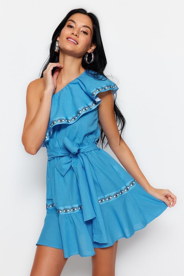 Trendyol Trendyol Blue Belted Mini Weave Stripe Accessoried One-Shoulder 100% Cotton Beach Dress