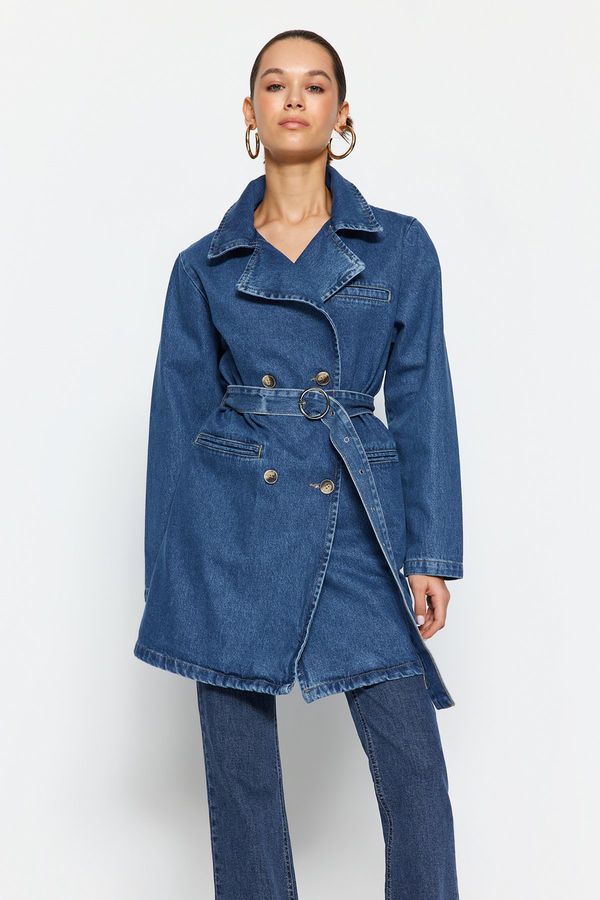 Trendyol Trendyol Blue Belted Oversize Denim Trench Coat