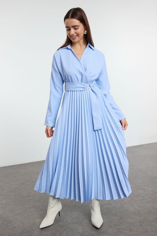 Trendyol Trendyol Blue Belted Pleated Skirt Double Breasted Maxi Woven Dress