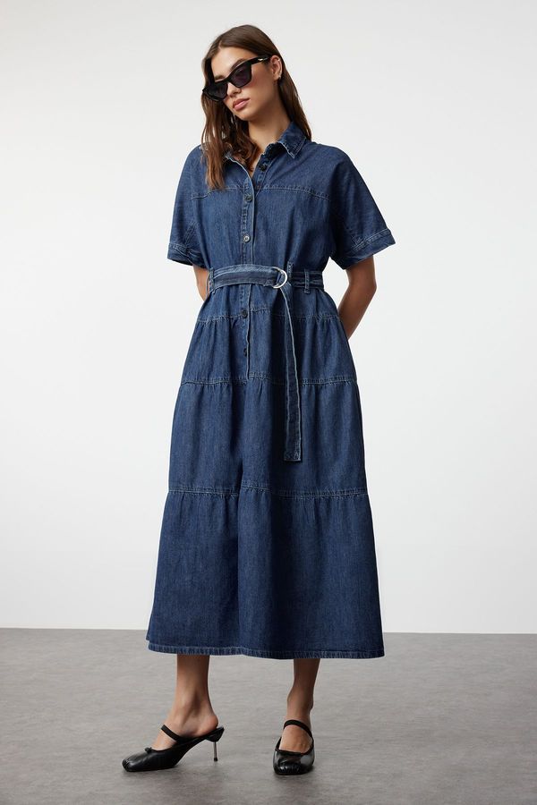 Trendyol Trendyol Blue Belted Stitch Detailed Maxi Denim Dress