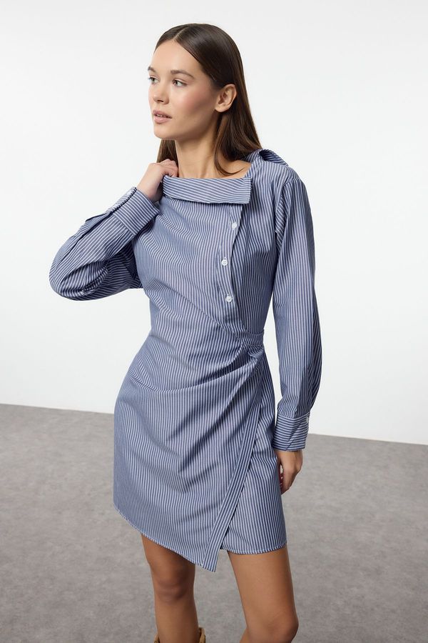 Trendyol Trendyol Blue Belted Striped Asymmetric Collar Mini Woven Shirt Dress