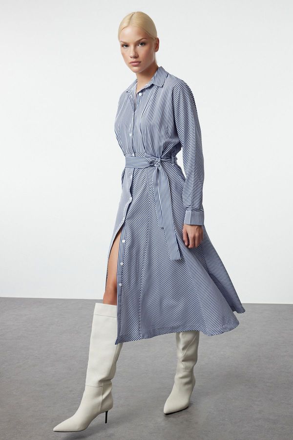 Trendyol Trendyol Blue Belted Striped Midi Woven Shirt Dress