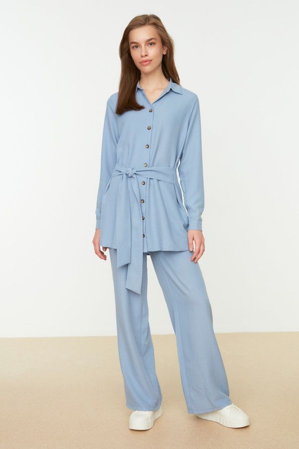 Trendyol Trendyol Blue Belted Wide Leg Weave Aerobin Shirt-Pants Set