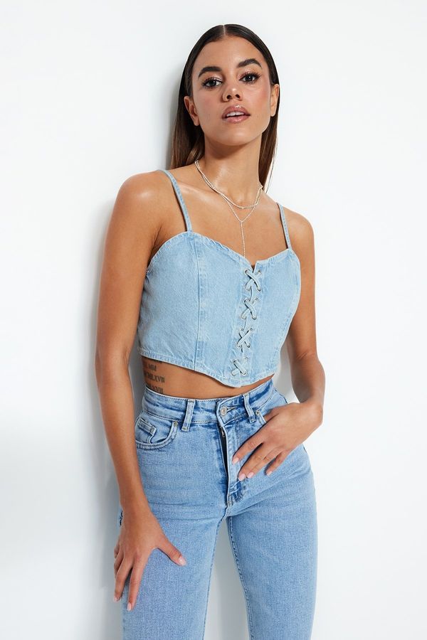 Trendyol Trendyol Blue Bird Eye Tie Detail Sweetheart Neck Fitted Crop Denim Bustier