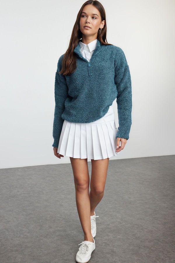 Trendyol Trendyol Blue Boucle Yarn Zippered High Collar Knitwear Sweater