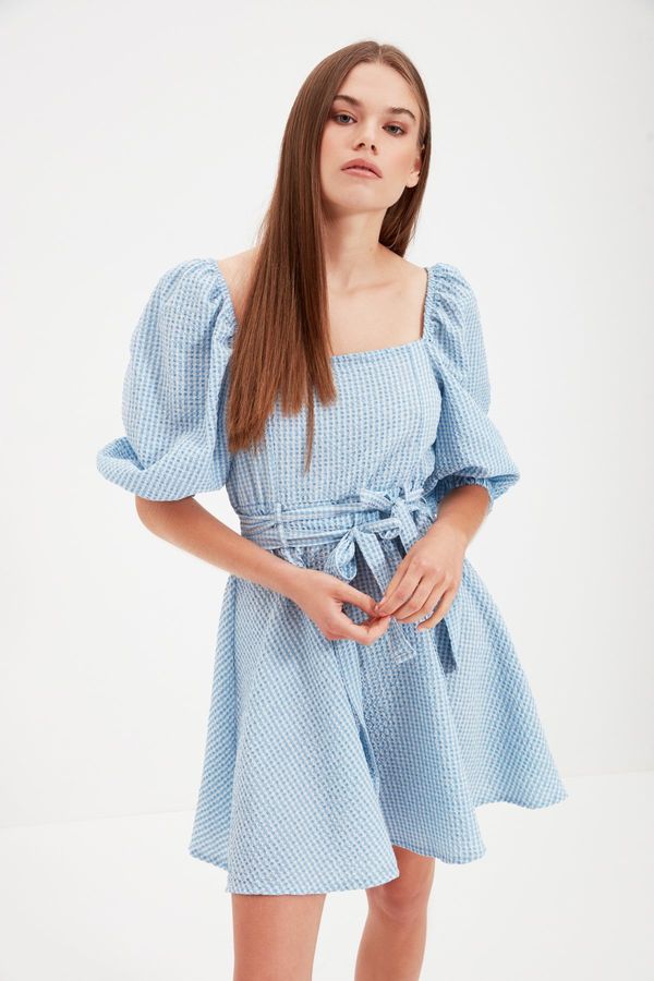 Trendyol Trendyol Blue Checkered Waist Opening Square Collar Mini Woven Dress