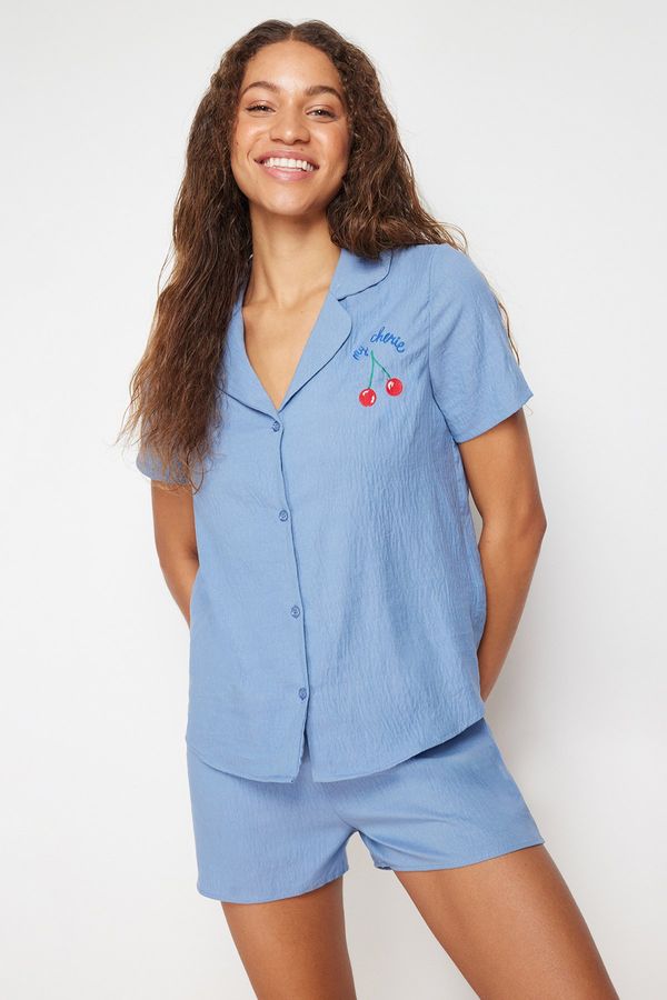 Trendyol Trendyol Blue Cherry Embroidered Woven Pajamas Set