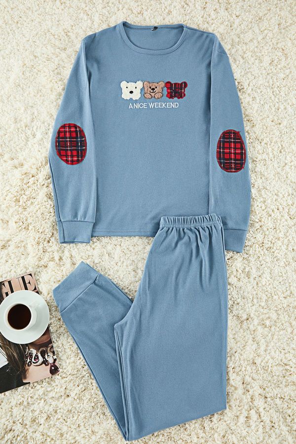 Trendyol Trendyol Blue Cotton Animal and Slogan Embroidered Knitted Pajama Set