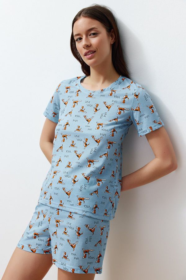 Trendyol Trendyol Blue Cotton Animal Pattern Knitted Pajamas Set