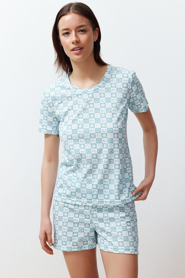 Trendyol Trendyol Blue Cotton Leisure Patterned Knitted Pajamas Set