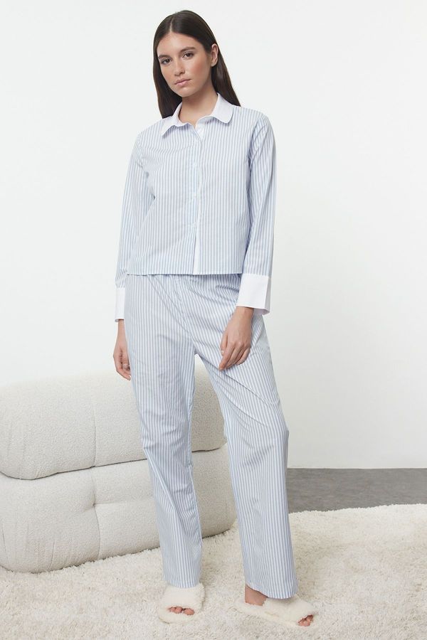 Trendyol Trendyol Blue Cotton Striped Woven Pajama Set