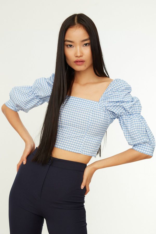 Trendyol Trendyol Blue Crop Balloon Sleeve Houndstooth Blouse