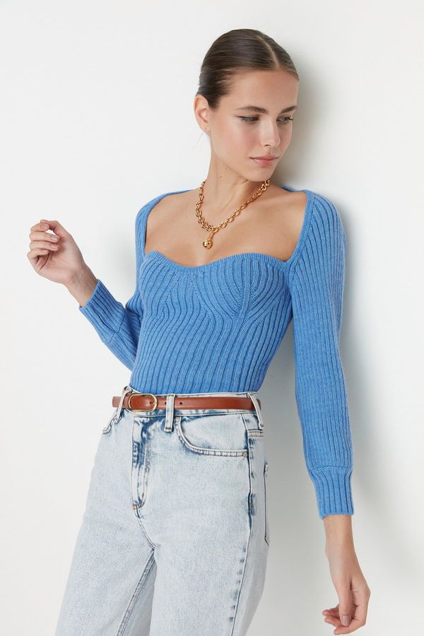 Trendyol Trendyol Blue Crop Heart Neck Knitwear Sweater