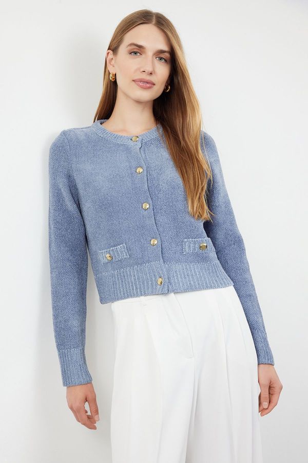 Trendyol Trendyol Blue Crop Premium Yarn/Special Yarn Pocket Detailed Jacket-Look Knitwear Cardigan