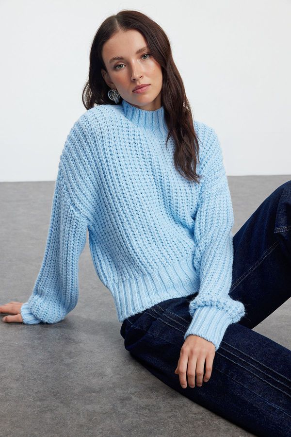 Trendyol Trendyol Blue Crop Soft Textured Basic Thick Knit Detailed Knitwear Sweater