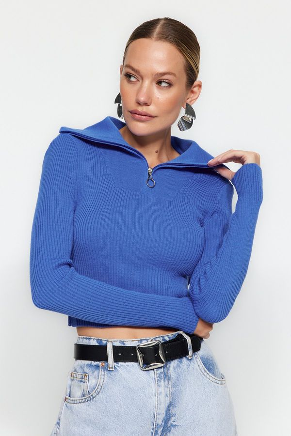 Trendyol Trendyol Blue Crop Zipper Detailed Knitwear Sweater