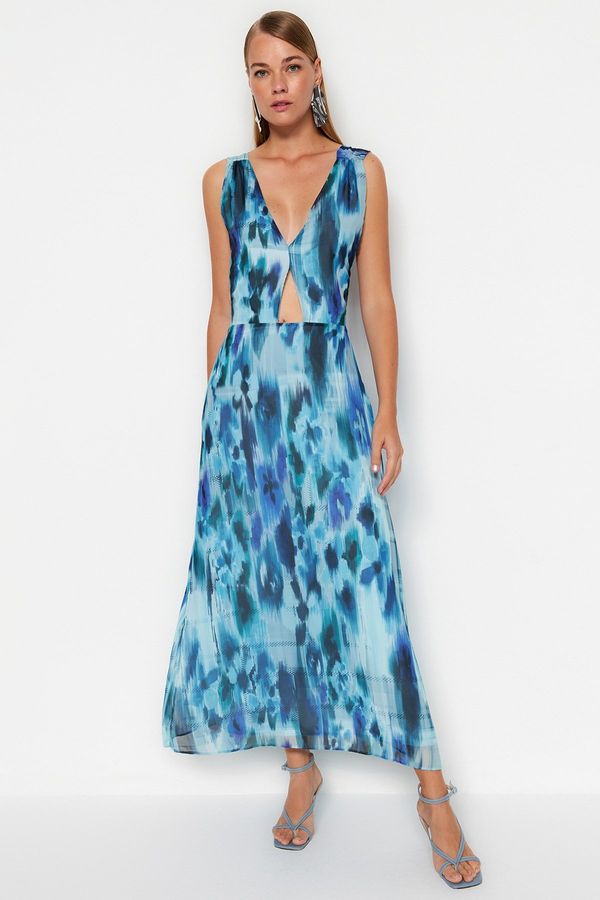 Trendyol Trendyol Blue Cut Out Detailed V-neck Patterned A-line/Bell Form Maxi Lined Woven Dress