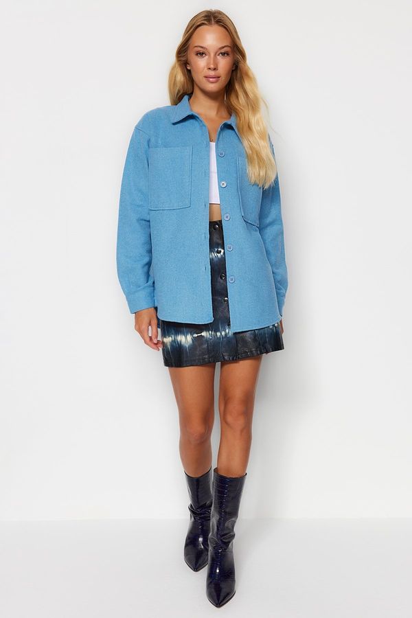 Trendyol Trendyol Blue Double Pocket Oversize/Wide Fit Stitched Woven Shirt