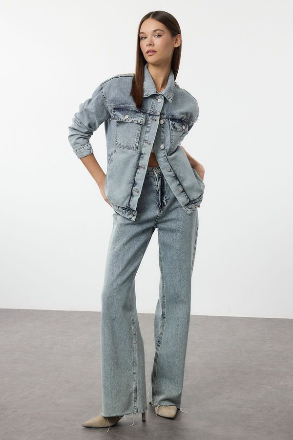 Trendyol Trendyol Blue Embroidery and Accessory Detailed Oversize Denim Jacket