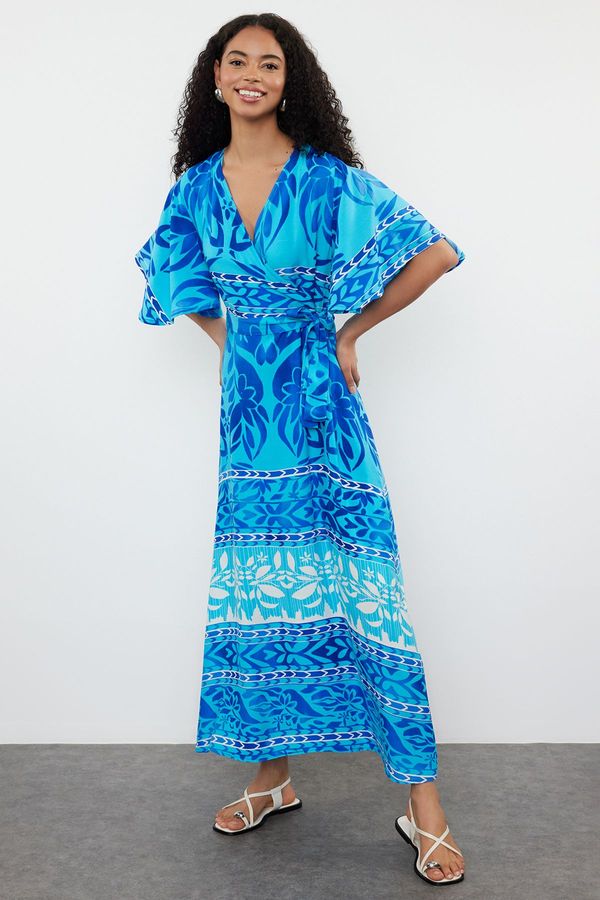 Trendyol Trendyol Blue Ethnic Belted Patterned A-Line Double Breasted Collar Woven Dress Woven Dress