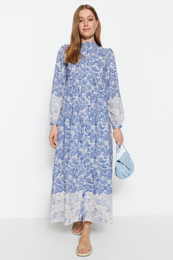 Trendyol Trendyol Blue Ethnic Patterned Grand Collar Linen Look Woven Shirt Dress