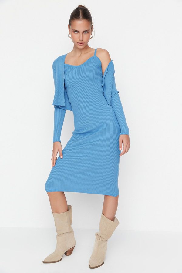 Trendyol Trendyol Blue Fitted Midi Knitwear Cardigan Dress Suit