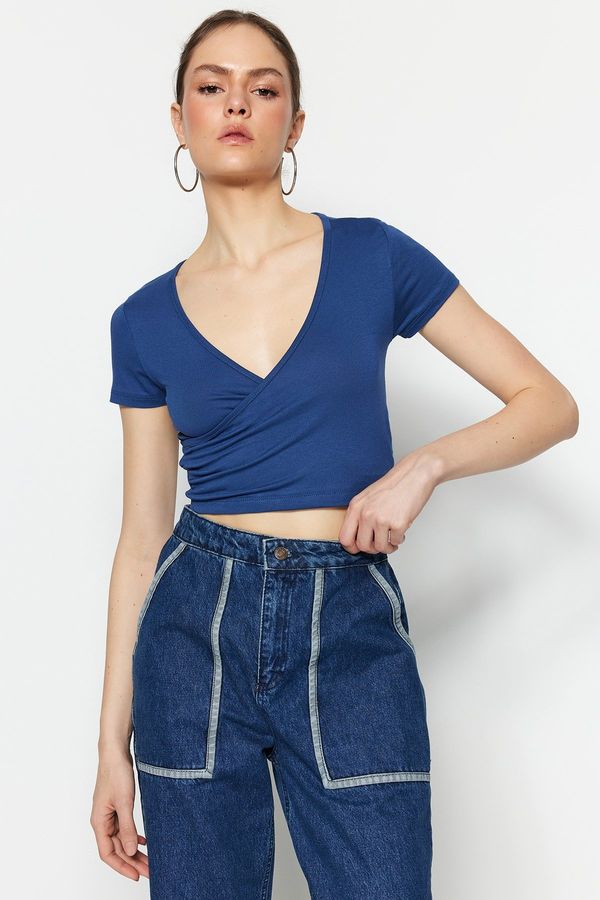 Trendyol Trendyol Blue Fitted/Sleek, Double-breasted Collar Crop Viscose Stretch Knit Blouse