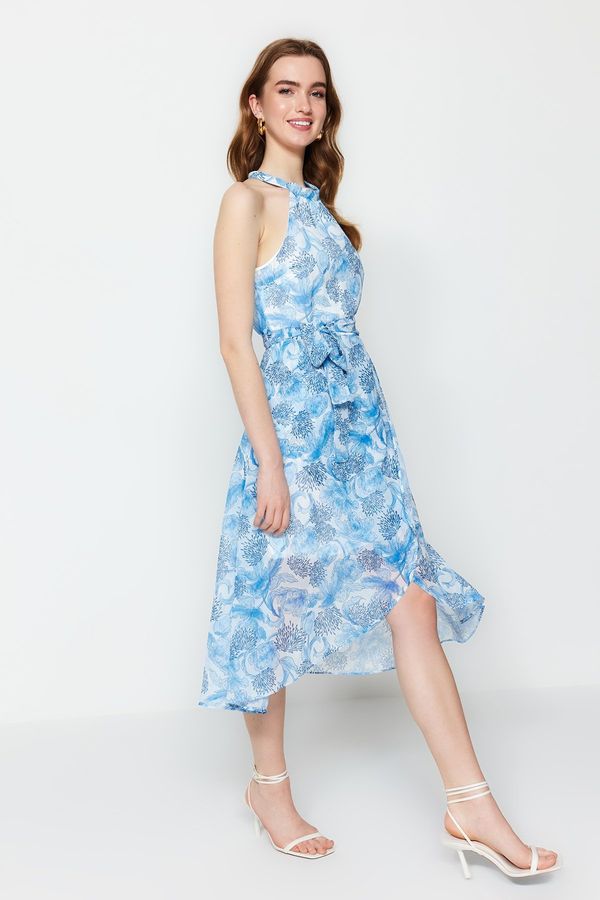 Trendyol Trendyol Blue Floral Belted A-line/Bell Form Flounced Midi Lined Woven Dress