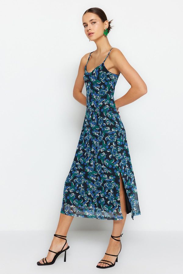 Trendyol Trendyol Blue Floral Pattern With a Slit Detail Lined Tulle Straps Open-Air Midi Dress