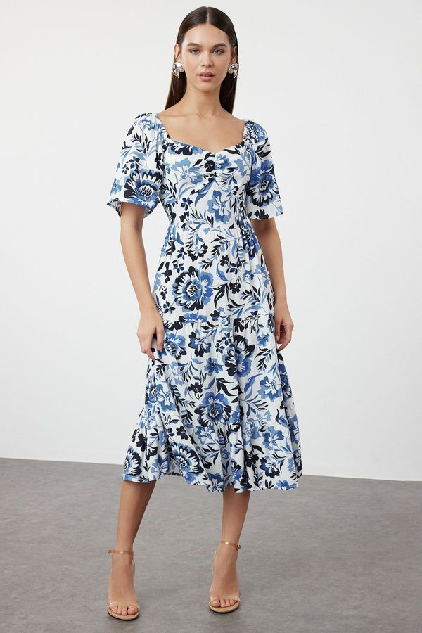 Trendyol Trendyol Blue Floral Patterned A-Line Balloon Sleeve Floral Patterned Midi Woven Dress